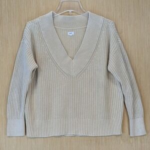Aerie‎ Women Beige Cotton Chunky Knit Neutral Boho Granola Oversized Sweater XS